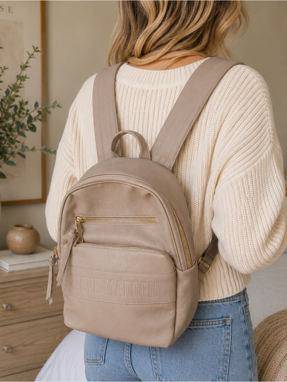 Steve Madden Taupe Faux Leather Mid-Size Backpack Everyday Travel Bag